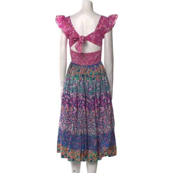 Caroline Constas womens Cotton Midi Dress sz Medium Pink Floral Smocked Tie Back - Picture 3 of 7